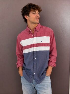 Men's Red and Blue Button-Up Shirt